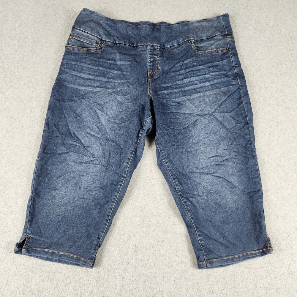 Stitch Star Capri Jeans Womens XL Blue Denim Whiskered Cotton Stretch Pull On